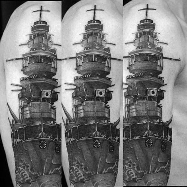 A black and white battleship tattoo displayed on an upper arm, shown from various perspectives