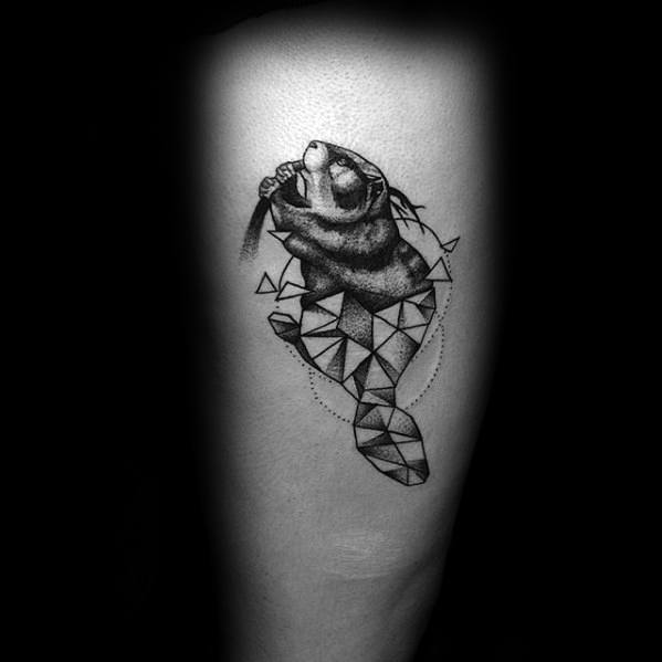 Unique beaver tattoo with a realistic upper body holding a stick and a geometric, abstract tail formed by sharp triangular shapes.