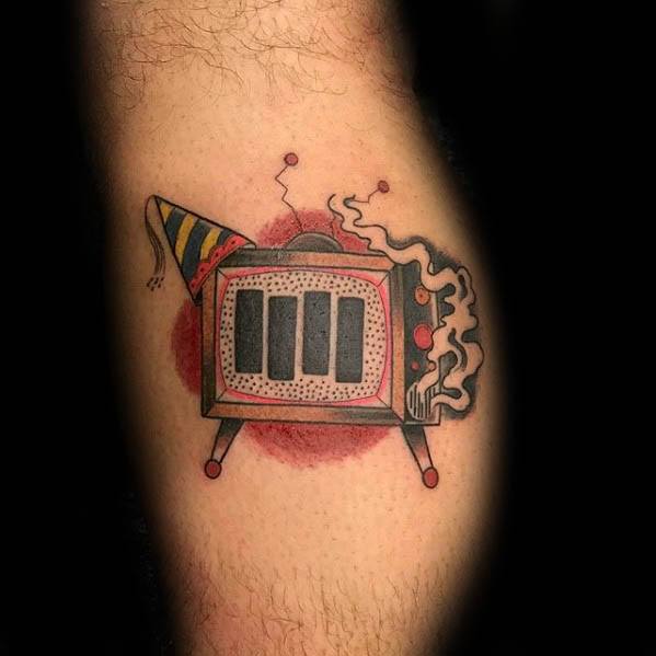 Black Flag bars displayed on a vintage TV with a party hat and smoke, combining punk spirit with chaotic celebration energy.