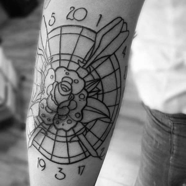 Outline-style tattoo of a dartboard with darts and a rose at the center, blending floral elegance with a game of precision.