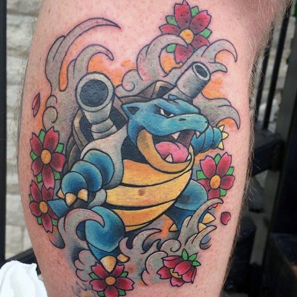 Blastoise tattoo in a traditional style, surrounded by waves and red flowers, blending fierce energy with classic floral elements.