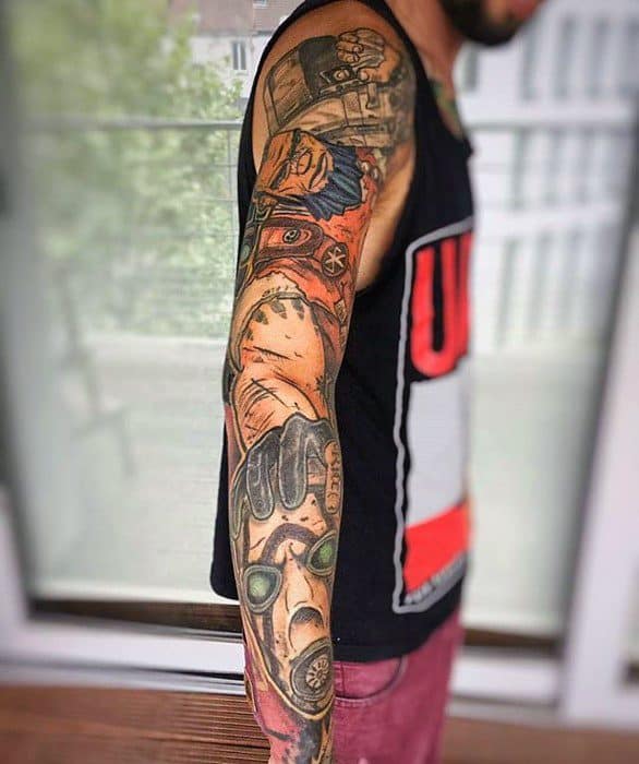 Full sleeve Borderlands tattoo featuring Psycho Bandit, Brick, and other characters in a gritty, colorful comic-book style with detailed shading.