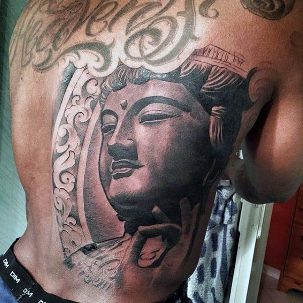 Cool Male Buddha Portrait Tattoo On Back