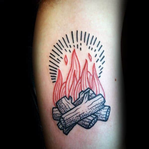 Minimalist campfire tattoo with red outlined flames, black logs, and radiating lines resembling sparks or heat rays.