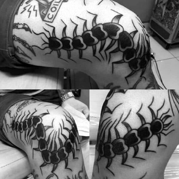 Cool Male Centipede Tattoo Designs On Thigh And Knee
