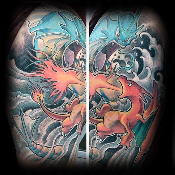 Intense tattoo of Charizard and Gyarados locked in battle, with fiery breath clashing against crashing waves in a dramatic design.