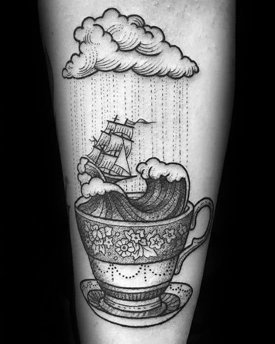 Cool Male Coffee Cup Sailing Ship With Waves Inner Forearm Tattoo Designs