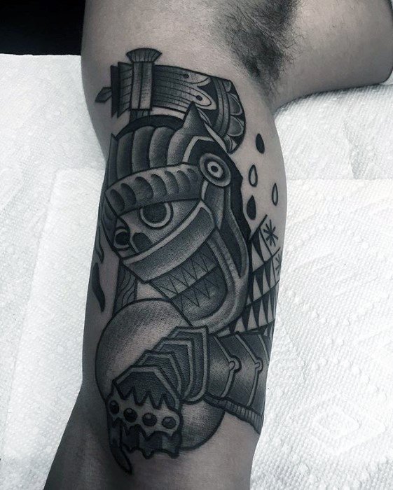 Bold blackwork tattoo of Siegmeyer of Catarina from Dark Souls, with stylized armor and expressive design elements.