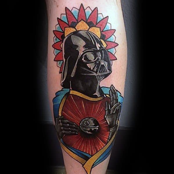 Darth Vader tattoo design showcasing the Sith Lord in a saintly pose, complete with vibrant halo details and the iconic Death Star at the center, creating a unique fusion of Star Wars and religious art