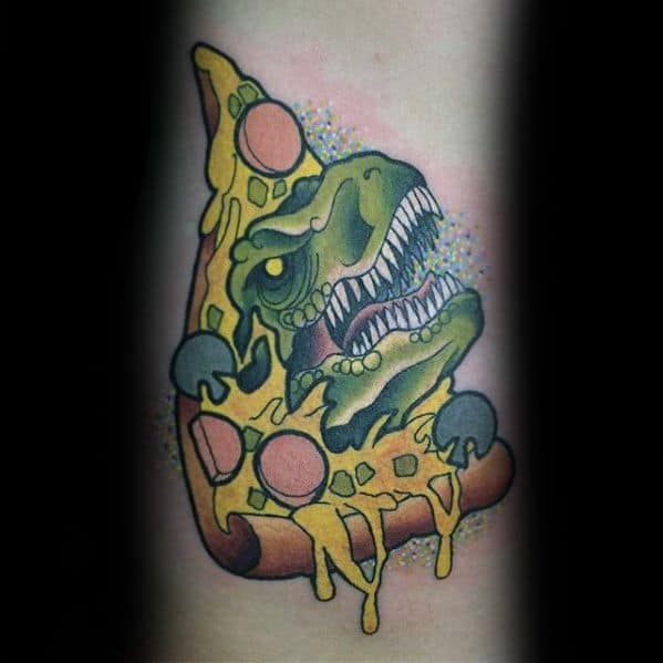Cool Male Dinosaur 3d Pizza Tattoo Designs On Leg