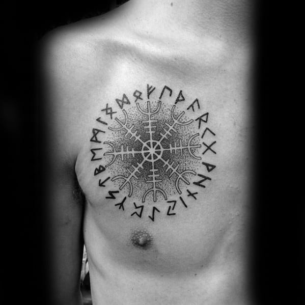 Cool Male Dotwork Upper Chest Norse Runes With Helm Of Awe Tattoo Designs