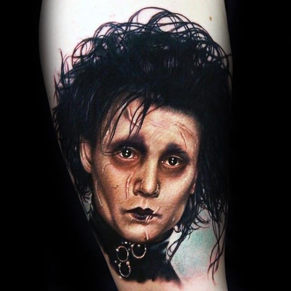 Cool Male Edward Scissorhands Portrait Arm Tattoo Designs