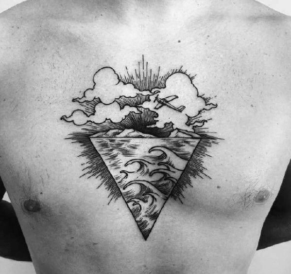 Tattoo of a triangle framing ocean waves, with clouds and a flying plane above, blending sky and sea in a surreal design.