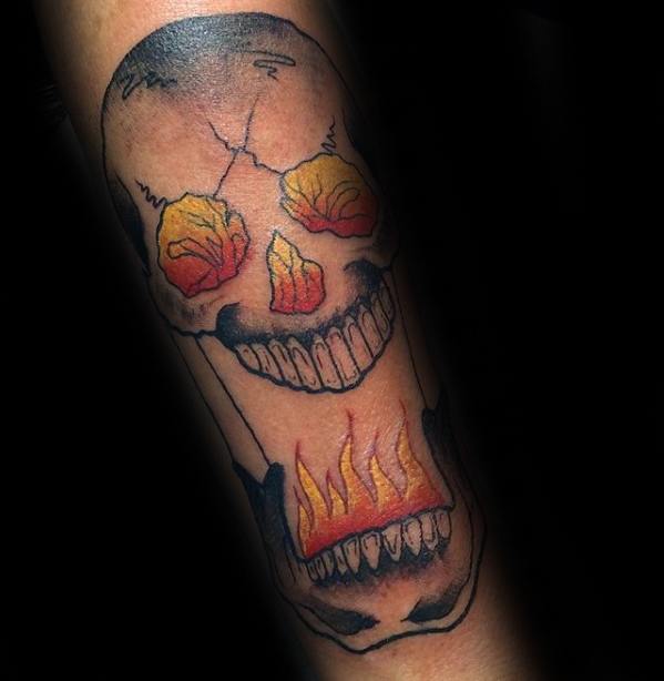 Cool Male Flaming Skull Tattoo Designs Forearm