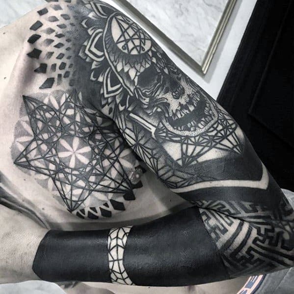 Cool Male Geometric Blackwork Skull Sleeve Tattoo Designs