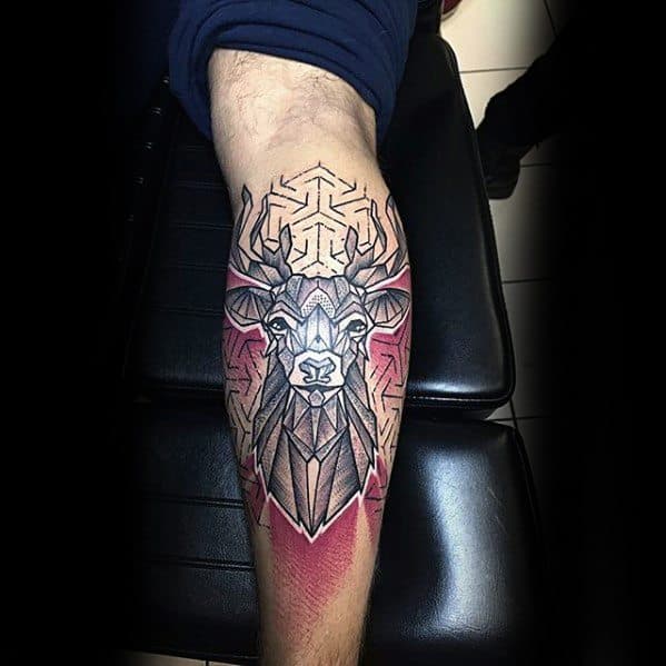 Cool Male Geometric Deer Back Of Leg Tattoo Designs