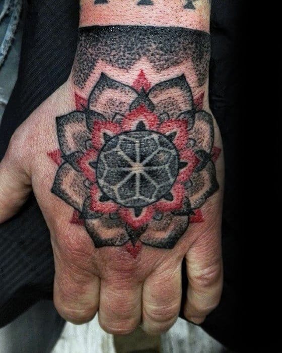 Cool Male Geometric Red And Black Ink Hand Tattoo Designs
