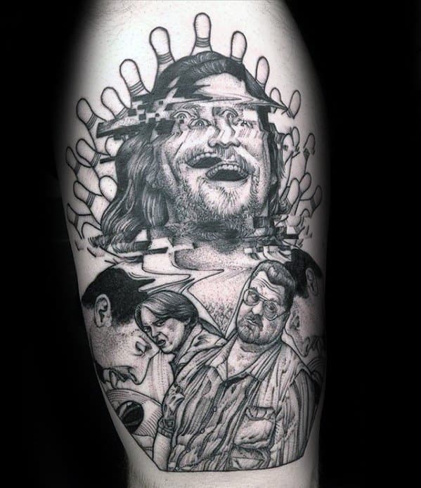 Glitch tattoo featuring characters from The Big Lebowski, with a distorted image of The Dude surrounded by bowling pins and companions