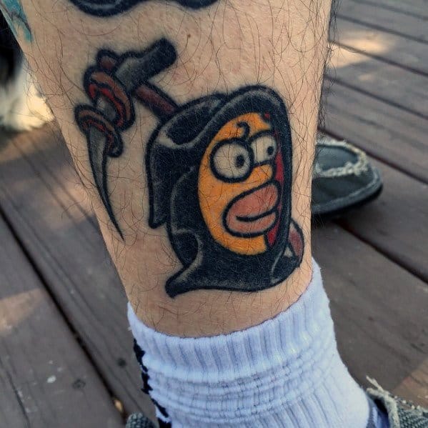 Cool Male Grim Reaper Homer Simpson Tattoo Designs On Lower Leg