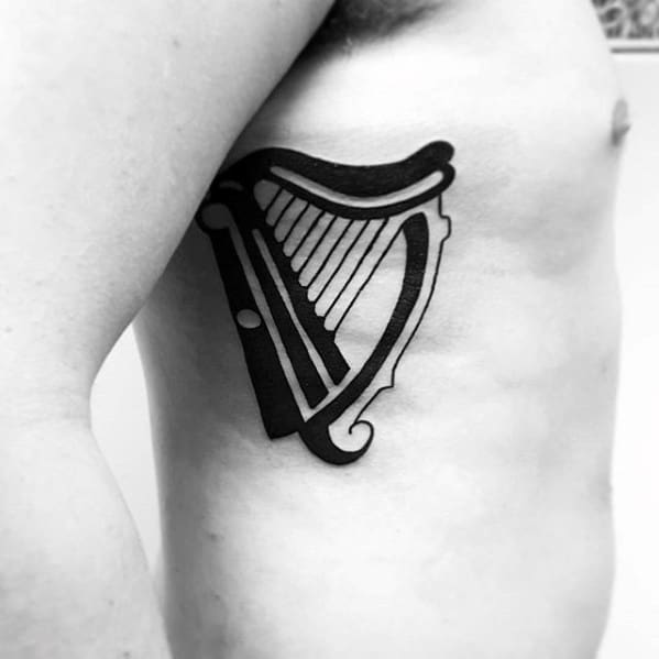 Cool Male Harp Tattoo Designs Rib Cage Side Black Ink