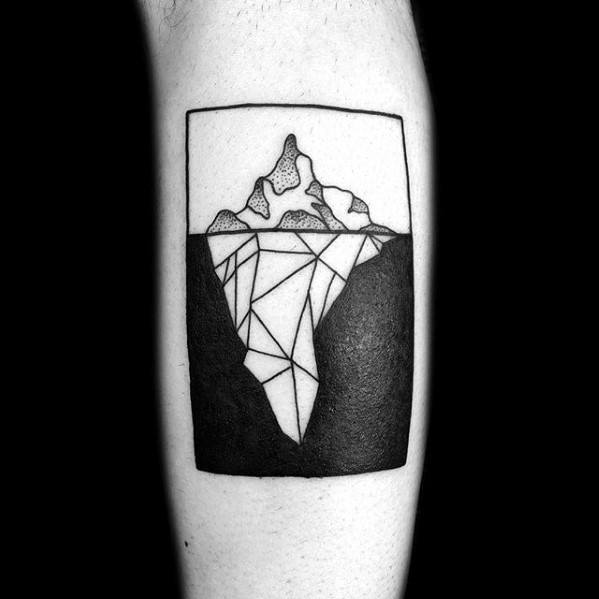 Minimalist rectangular iceberg tattoo with dotted peaks and geometric underwater lines, framed by bold black shading.