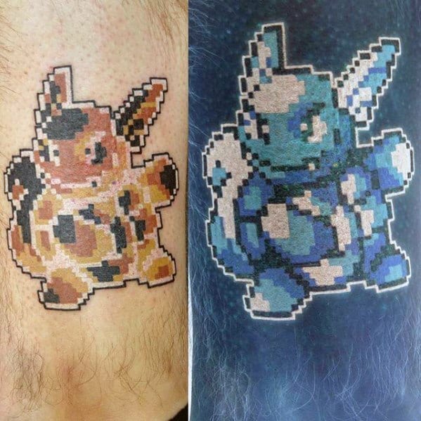 Inverted pixelated tattoo of a Pokémon character, transforming from warm orange tones to cool blue hues under color inversion.