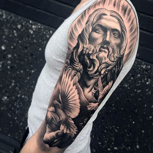 Cool Male Jesus And Dove Half Sleeve Tattoo Design Ideas