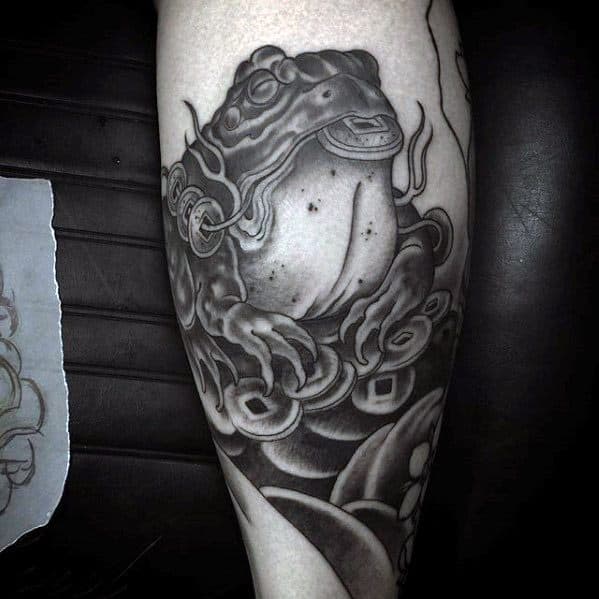 Cool Male Jin Chan Chinese Toad Tattoo Designs On Legs