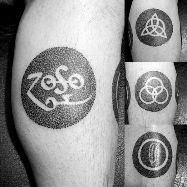 Dotwork tattoos of the four Led Zeppelin symbols—Zoso, triquetra, Borromean rings, and feather—each enclosed in a bold circular background.