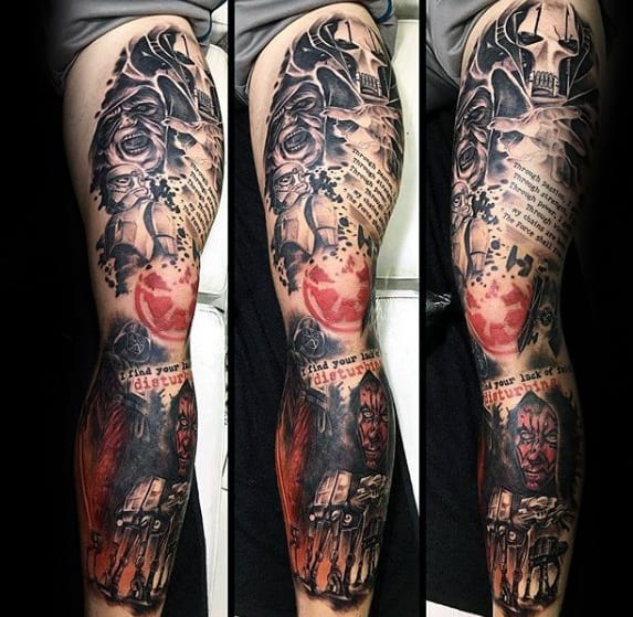 Full sleeve Star Wars tattoo featuring Darth Vader, Yoda, Sith symbol, and iconic scenes with bold red and black ink details.