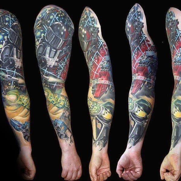 Colorful full sleeve tattoo featuring Lego Star Wars characters like Darth Vader and Boba Fett, set against a vibrant galaxy backdrop.