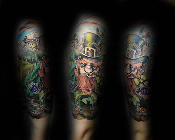 Vibrant leprechaun sleeve tattoo with a long red beard, shamrock, twisted pipe, and lush fantasy scenery including a castle, rainbow, and forest.