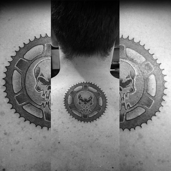 Cool Male Mad Max Gear Upper Back Tattoo Designs