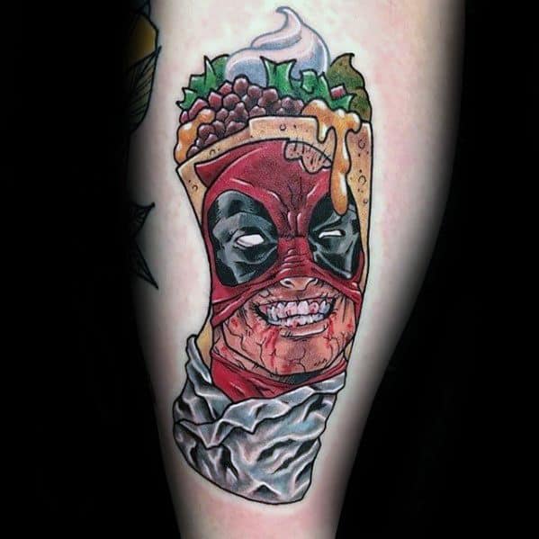 Cool Male Mask With Burrito Tattoo Designs On Leg