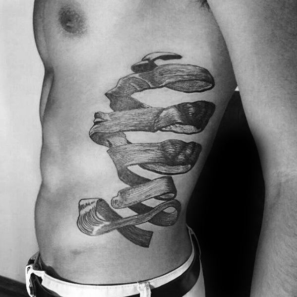 MC Escher-inspired rib tattoo of a twisted ribbon forming the word “Faith” in a 3D woodcut-style illusion.
