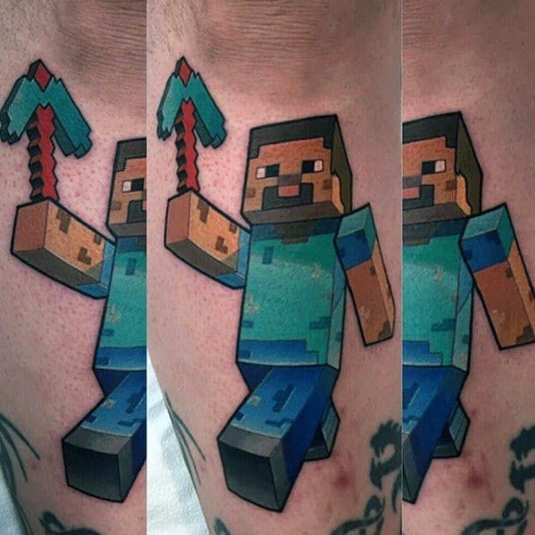 Colorful Minecraft Steve tattoo holding a pixelated diamond pickaxe, detailed with bold outlines and blocky 3D-style shading.