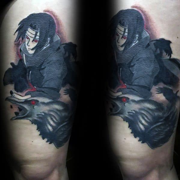 Tattoo of anime character with black hair and a wolf, both with red accents, on forearm—Naruto-inspired