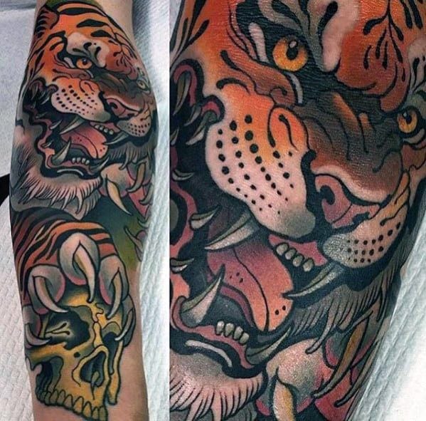 Cool Male Neo Traditional Tiger Skull Epic Tattoo Designs