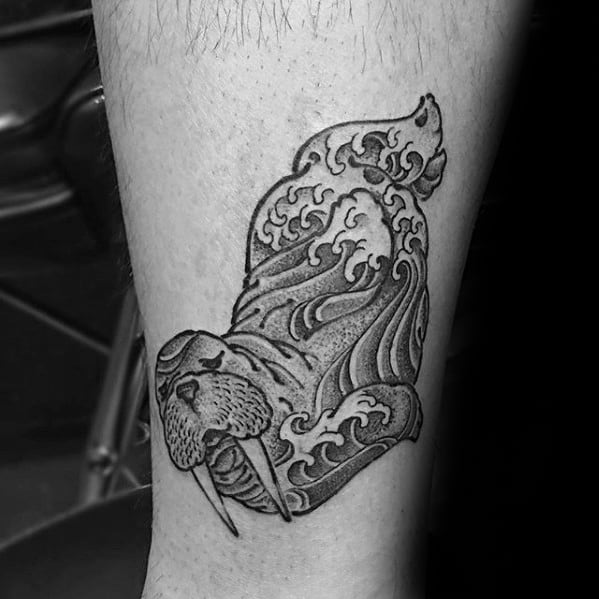 Cool Male Ocean Wave Walrus Tattoo Designs On Leg