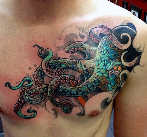 Cool Male Octopus Tattoo On Chest