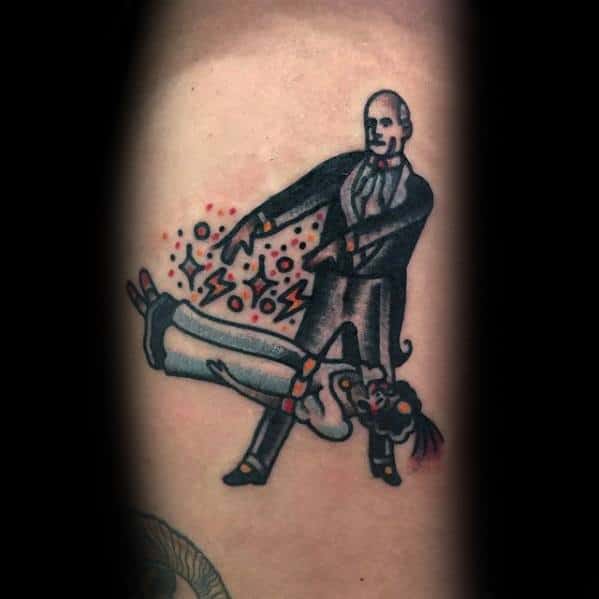 Tattoo of a magician in a suit performing levitation on a woman with red and black magic symbols