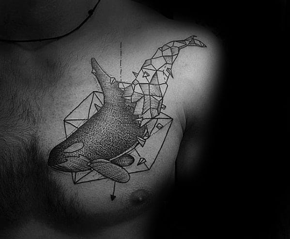 Black and gray orca tattoo on the chest, featuring geometric shapes and dotwork shading, creating a unique and abstract design with sharp, angular lines.