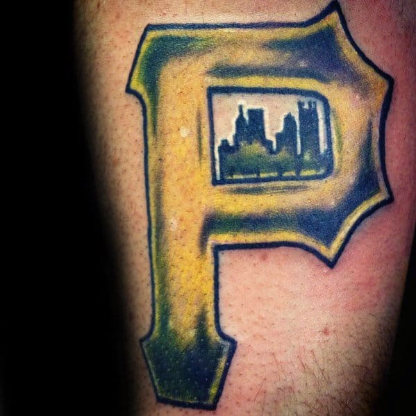 Gold Pittsburgh Pirates "P" tattoo with a shaded city skyline inside the letter, blending team pride with a love for Pittsburgh.