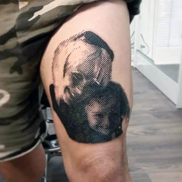 Cool Male Pixel Portrait Thigh Tattoo Designs