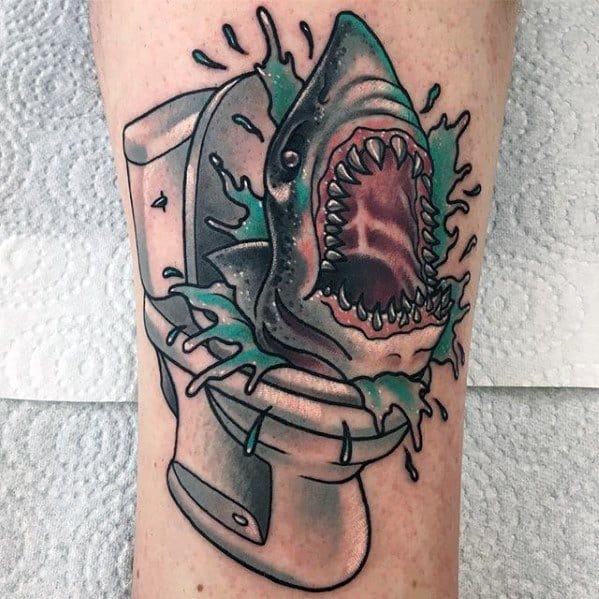 Tattoo of a shark leaping out of a toilet with splashing water, combining humor and bold imagery in a plumbing-themed design.