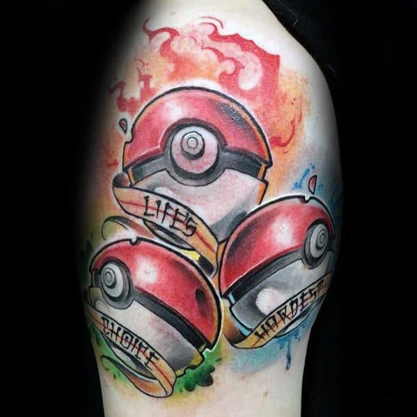 Three vibrant Pokeball tattoos with fire and water splashes, each labeled with Life, Throws, and Hardest on a ribbon banner.