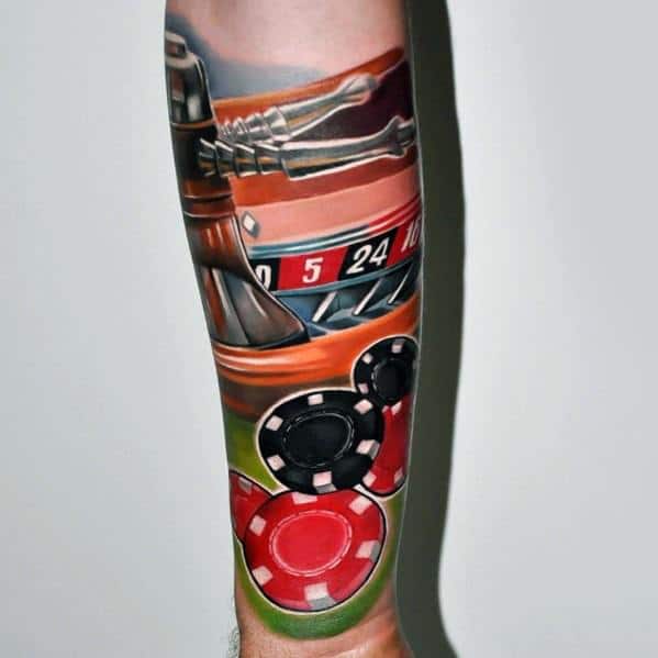 Cool Male Poker Chip Colorful Forearm Sleeve Tattoo Designs
