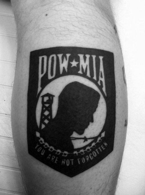 Cool Male Pow Mia Tattoo Designs On Leg Calf