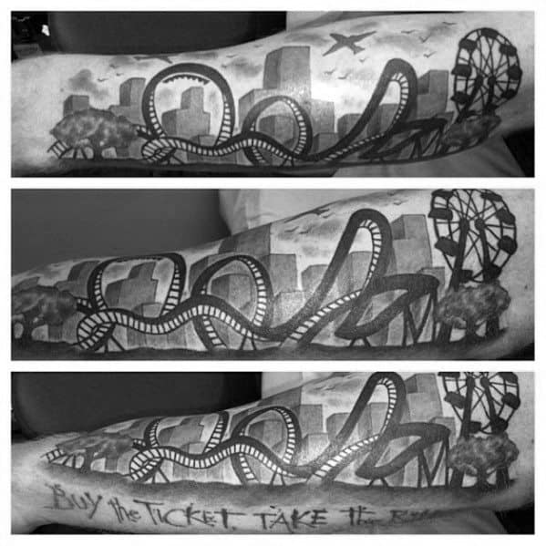 Black and grey roller coaster sleeve tattoo with city skyline, Ferris wheel, and text reading Buy the Ticket Take the Ride.