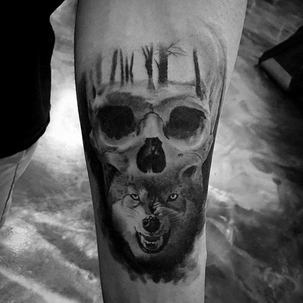 Cool Male Sick Wolf Skull Morph Inner Forearm Tattoo Designs